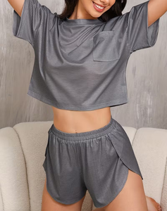 Women Striped Summer Casual Daily Wear 2 Piece Pajama Set Short Sleeve Crew Neck Tee Side Split Shorts for Wear - Product Image 2