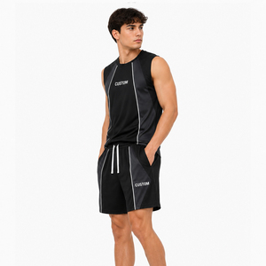 Ensemble débardeur sans manches et short personnalisé pour homme, noir, séchage rapide, sportif, vente en gros, tenue d'été, ensemble short de sport pour homme - Product Image 3