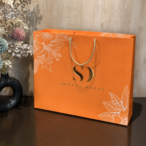 Premium Matte <b>Orange</b> Shopping Bags with Custom Logo Gold Foil and Twisted Rope Handles for Fashion and Gift Packaging - Product Image 1