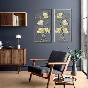 Ensemble de 2 tableaux muraux rectangulaires modernes avec motif végétal encadrés de métal doré pour la décoration de la maison, salon, chambre, hôtel - Product Image 4
