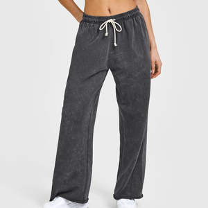 Pantalon évasé décontracté pour femme, coupe droite en toile, taille élastique, délavage moyen, qualité supérieure, coupe régulière, pour l'automne - Product Image 1