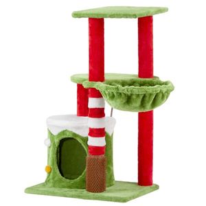 32in Christmas Themed Plush Cat Tree Cat Scratching Posts Tower with Cat Condo Hammock and Activity CE for Cat Massage Brush - Product Image 2
