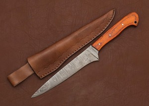 Cuchillo de caza de acero de Damasco con mango de madera y funda de cuero, hoja de punta caída, filo recto, grosor de 0.6 mm - Product Image 5