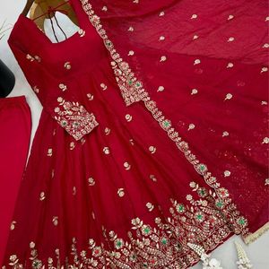 <b>Red</b> Embroidered Anarkali Suit <b>Silk</b> Dupatta Set Women Ethnic Wedding Party Outfit India Pakistan - Product Image 2