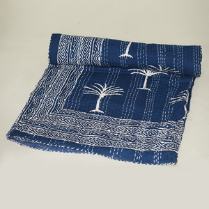 Blue Kantha Quilt Blanket-Handmade Reversible Embroidered 100% Cotton All-Season Hotel Use <b>Bedspread</b> - Product Image 3