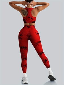 <b>Red</b> Floral Print Yoga Set High Waist Leggings <b>Crop</b> <b>Top</b> 2 Piece Spandex Polyester Four-Way Stretch Racerback Scoop Neck - Product Image 2