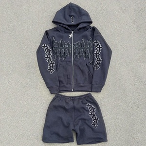 Ensemble short et sweat à capuche zippé à impression bouffante avec logo personnalisé Ensemble de survêtement deux pièces de grande taille pour hommes Ensemble short de survêtement deux pièces - Product Image 3