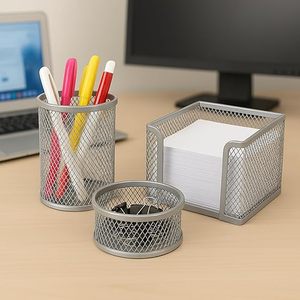 Organizador de Escritorio de Malla Metálica con Portaplumas, Bandeja para Bloc de Notas y Contenedor con Clip para Almacenamiento de Suministros de Oficina - Product Image 1