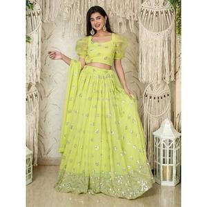 ชุดผ้าจอร์เจียประดับเลื่อมสีเขียวมะนาวชุดแต่งกาย lehenga choli - Product Image 6
