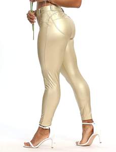 High Waist Satin Sport Eco-Friendly Compression <b>Thin</b> Leggings Ankle-Length Solid Gold Stretch <b>Tight</b> Fit Women's Pants Pockets - Product Image 3