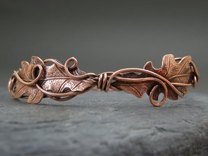 Handmade Oak Leaf <b>Copper</b> <b>Bangle</b>: Adjustable Wire Wrapped Bracelet - Product Image 3