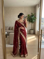Sari traditionnel Fendy en satin riche brodé, avec motifs Aarco, Butti et Jhal de créateur, bordure lourde pour mariage