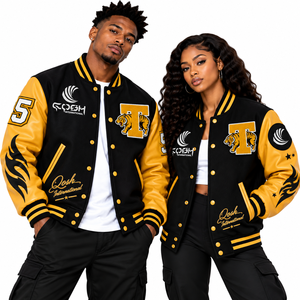 Chaqueta Universitaria Negra y Amarilla Unisex con Cuello Alto y Botones, Chaqueta de Béisbol con Letras Bordadas y Apliques, Ropa Urbana Universitaria - Product Image 1