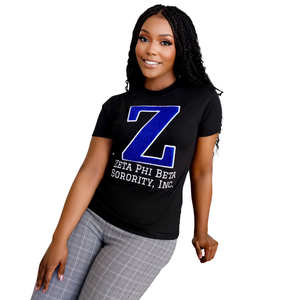T-shirt décontracté en chenille Zeta Phi Beta Big Z pour femme, noir, avec lettres grecques brodées, pour sororité - Product Image 1