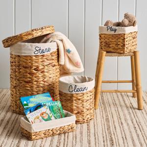 ตะกร้าผักตบชวาทรงกลมบุผ้าพร้อมฝาปิด ตะกร้าเก็บของทำมือ ขายส่ง เป็นมิตรกับสิ่งแวดล้อม ผลิตในเวียดนาม - Product Image 4