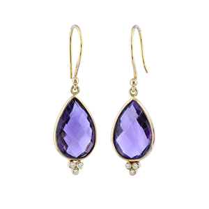 Nouvelles boucles d'oreilles en or jaune massif 18 carats avec améthyste véritable et diamants, forme goutte d'eau, longues, pour mariages - Product Image 1
