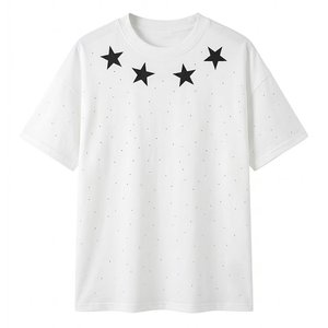 Camiseta de Hombre Blanca con Pedrería, Hombros Caídos, Talla Grande, Algodón Grueso, Logotipo Personalizado, Precio al por Mayor, Verano - Product Image 1
