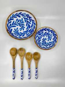 Bols en bois avec motif de feuilles bleues, design traditionnel chinois, pour servir les aliments, offrir en cadeau - Product Image 3