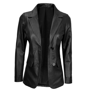 Veste en cuir d'agneau véritable sur mesure OEM pour femme, coupe ajustée, blazer noir respirant, coupe-vent, col à revers, boutonnée - Product Image 1