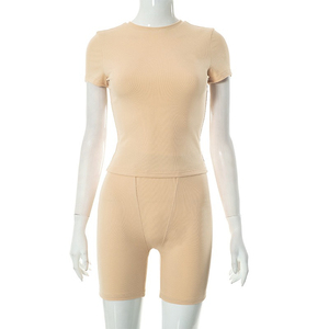 Ensemble décontracté d'été pour femme : Legging tricoté taille haute rose personnalisé à manches courtes, couleur unie, extensible et sexy - Product Image 5