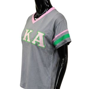 เสื้อยืดคอวีลายทางสีชมพูเทา แขนสั้น พิมพ์ลายตัวอักษร แฟชั่นลำลอง สตรีทแวร์ ขายส่ง - Product Image 3