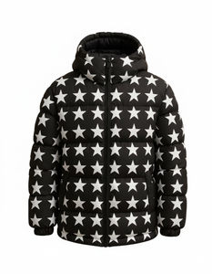 Blouson matelassé à capuche imprimé étoiles pour homme, chaud et tendance, style streetwear, vente en gros, noir - Product Image 4