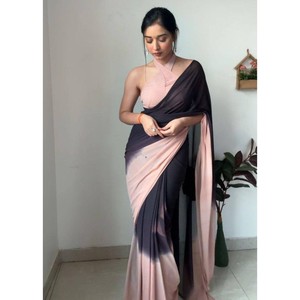 ATRACTIVE GEORGETTE MULTICOLOR IMPRESIÓN DIGITAL TRABAJO LISTO PARA LLEVAR SAREE CON BLUSA DESECHADA NEGRO - Product Image 1