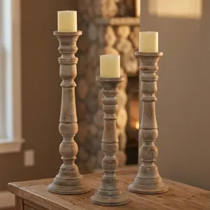Candelabro de Madera de Diseño Antiguo con Acabado Blanqueado, Portavelas Decorativo Rústico Hecho a Mano para Decoración de Bodas y Navidad - Product Image 2