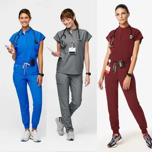 ชุดยูนิฟอร์มสครับสำหรับผู้หญิงชุดพยาบาลคอกลมมีซิปเครื่องแบบทางการแพทย์สำหรับโรงพยาบาล