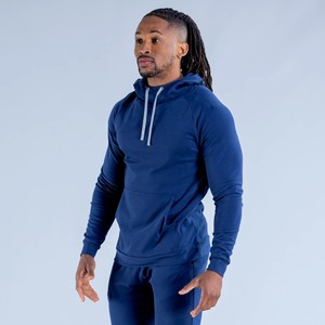 Sweat à capuche personnalisé avec logo, grande taille, vente en gros, pour hommes, en molleton extensible bleu uni, mélange de coton, pour la gym et l'entraînement - Product Image 2