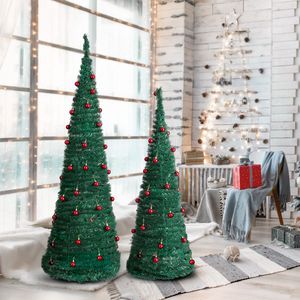 Set di 2 Alberi di Natale Artificiali (180 cm e 150 cm) con Decorazioni Rosse per Casa/Ufficio - Materiale Ecologico Verde - Product Image 5
