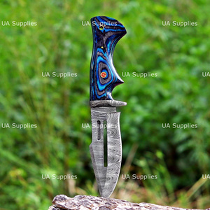 Cuchillo de Caza para Exteriores UA Supplies, Hoja Fija de Acero de Damasco Forjado a Mano de Grado Industrial, Punta Caída de 0.5mm de Grosor, Mango Azul, OEM - Product Image 2