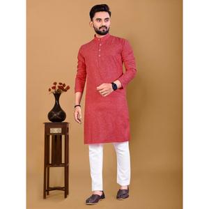 PARTY WEAR COTTON SILK MEN'S KURTA WITH PAYJAMA <b>MAROON</b> - Product Image 1