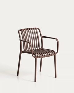 Chaise de salle à manger d'extérieur en métal moderne, design minimaliste, accoudoirs empilables, finition marron - Product Image 1