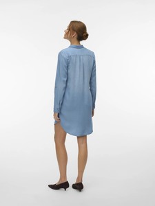 Robe chemise en coton bleu clair pour femme, manches courtes, col carré, coupe ajustée, style vintage uni, séchage rapide, respirante, longueur midi - Product Image 3