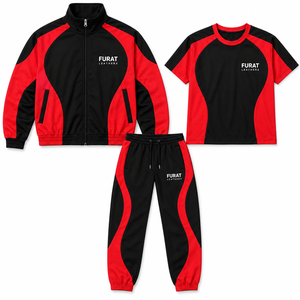 Conjunto Deportivo Unisex de 3 Piezas, Ecológico, 80% Algodón, Corte Holgado, Negro y Rojo, Chaqueta, Camiseta y Pantalones Deportivos, Ropa Deportiva Urbana - Product Image 1