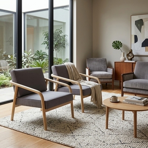 Fauteuil lounge moderne de style mid-century en bois massif, fauteuil en teck naturel avec revêtement en tissu gris, fauteuil d'appoint pour salon - Product Image 5