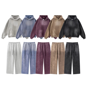 High Street Men's <b>Spray</b> Dyed Wash Hoodie 360GSM Fleece Distressed Sweatpants <b>Sets</b> Breathable Hoodie Tracksuits for Men - Product Image 1