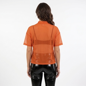 Haut à col roulé en maille orange pour femme, manches courtes, léger, transparent, t-shirt en maille légère pour femme - Product Image 5