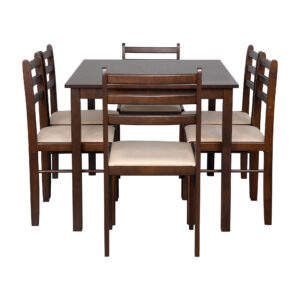 Juego de comedor de 6 sillas y 1 mesa hecho de madera de teca de alta calidad en color marrón oscuro con tapicería para uso en interiores en el comedor. - Product Image 6