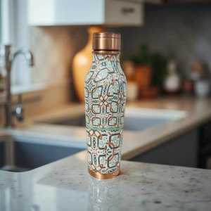 Bouteille d'eau en cuivre pur avec impression mandala en verre teinté, gourde métallique ayurvédique sans joint, étanche, vente en gros, Inde - Product Image 5