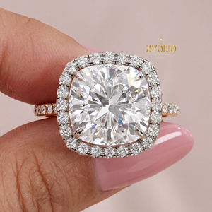 <b>Cushion</b> Cut Lab Grown Diamond Halo Engagement Ring with Pave Diamond Band Silver Wedding Party Trendy - Product Image 1