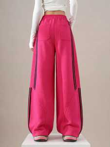 Pantalon de survêtement rose en coton mi-lourd à jambe large, taille élastique avec cordon de serrage, rayures latérales, style sportif, respirant, pour homme, collection automne - Product Image 4