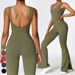 Women Women Solid Color High Waist <b>Flared</b> Leg Bodysuit With Hollow Back Seamless Yoga Jumpsuit Full Length Four-Way Stretch - Product Image 5