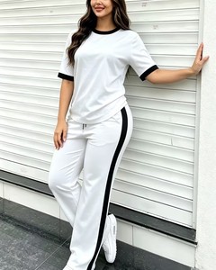 Women's Solid Wide Leg Tracksuit <b>Two</b>-<b>Piece</b> Loungewear <b>Set</b> | Crewneck Tee Drawstring <b>Lounge</b> Pants Lightweight Eco-Friendly - Product Image 1