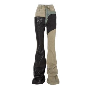 Pantalones Acampanados de Cintura Alta con Parches de Lona y Cuero para Mujer, Estilo Urbano, Largos, Holgados, con Bloques de Color y Cierre de Botones - Product Image 3