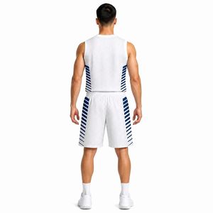 Ensemble de maillots de basket-ball sublimés personnalisés pour hommes, blanc et bleu marine, uniforme en mesh rayé, tenue d'équipe avec shorts, fabricant OEM - Product Image 5