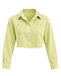 Veste en jean courte pour femme, vert clair personnalisé, avec fermeture boutonnée sur le devant ornée de strass, manches longues, style streetwear tendance - Product Image 1