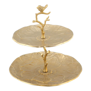 Luxury Gold 2-Tier <b>Glass</b> <b>Cake</b> <b>Stand</b>, Branch & Leaf Metal Pedestal Serving Tray, Elegant Wedding Dessert Display Cupcake Holder - Product Image 3