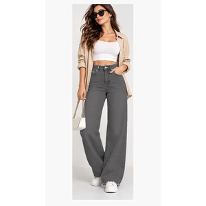 Jean en denim ample à jambe large pour femme, taille mi-haute avec doubles poches arrière, respirant, noir délavé - Product Image 4